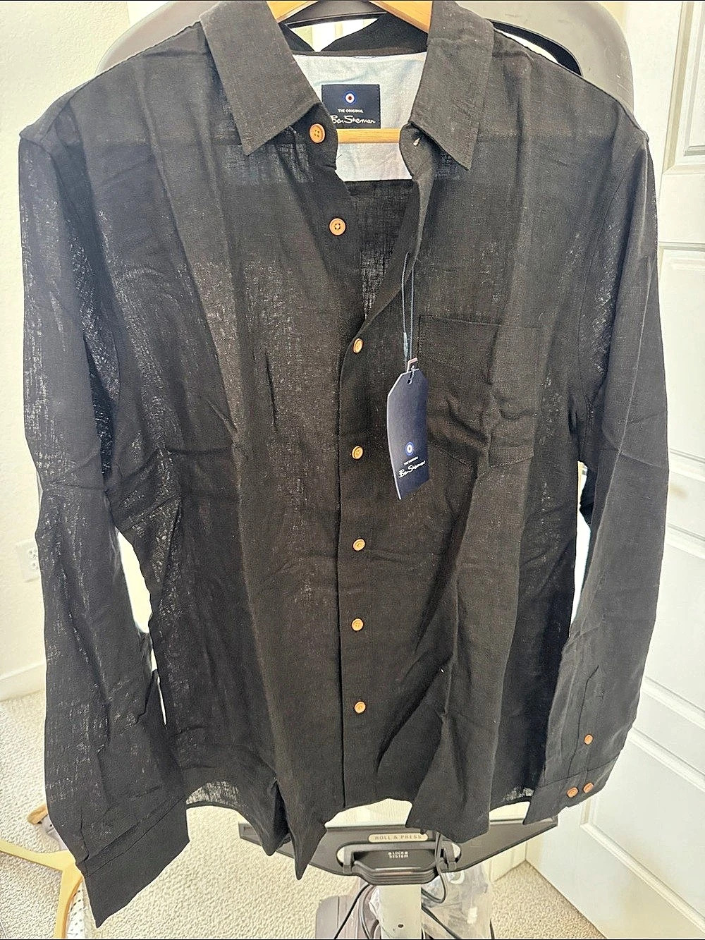 Ben Sherman Linen Blend Button-Up Shirt in Black Size Large